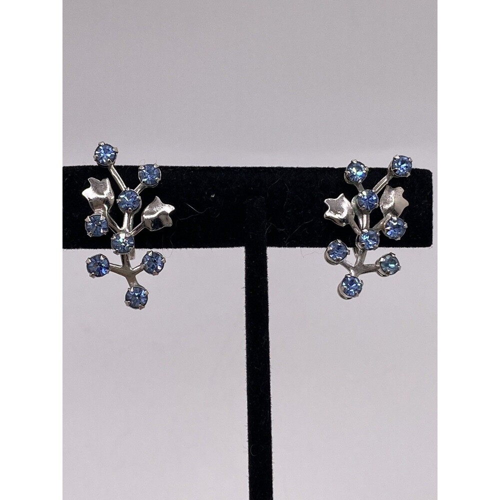 Vintage Screw Back Earrings Silver Tone Light Blue Rhinestone Sparkly y2k